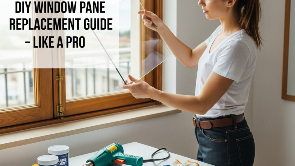 A homeowner in a bright, modern home interior in Gibraltar holding a clear glass pane near a wooden window frame for cover of how to replace a window pane.
