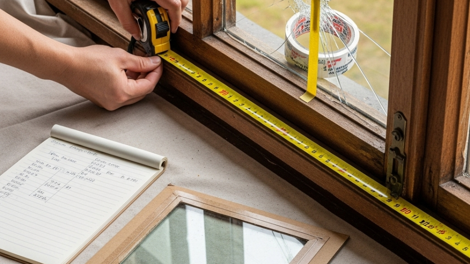 Close-up of hands using a tape measure on a wooden window frame, with a notepad, cardboard template, and drop cloth nearby