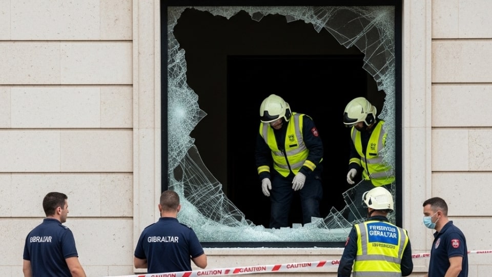 Emergency broken window gibraltar situation showing shattered glass and immediate safety steps being taken