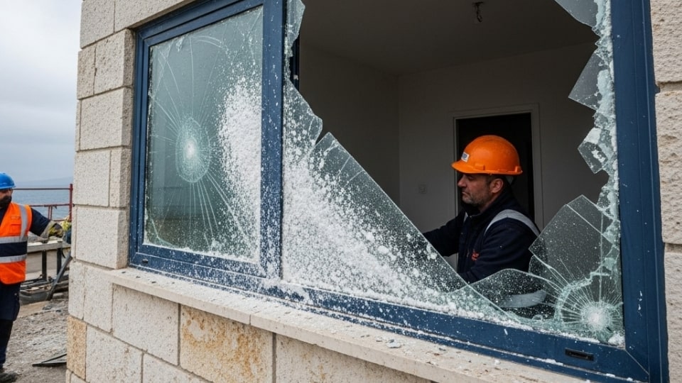 Gibraltar weather effects on windows showing salt damage and wind pressure requiring emergency glass repair