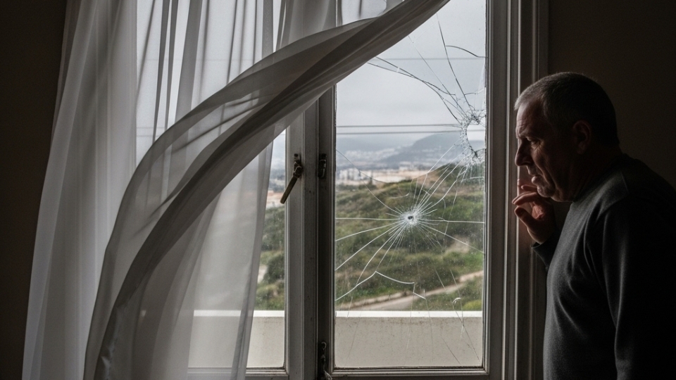Uma janela de casa mal vedada em Gibraltar numa manhã fria, com vento mediterrâneo entrando pela fresta, cortinas se movendo com a brisa, e um morador olhando preoc