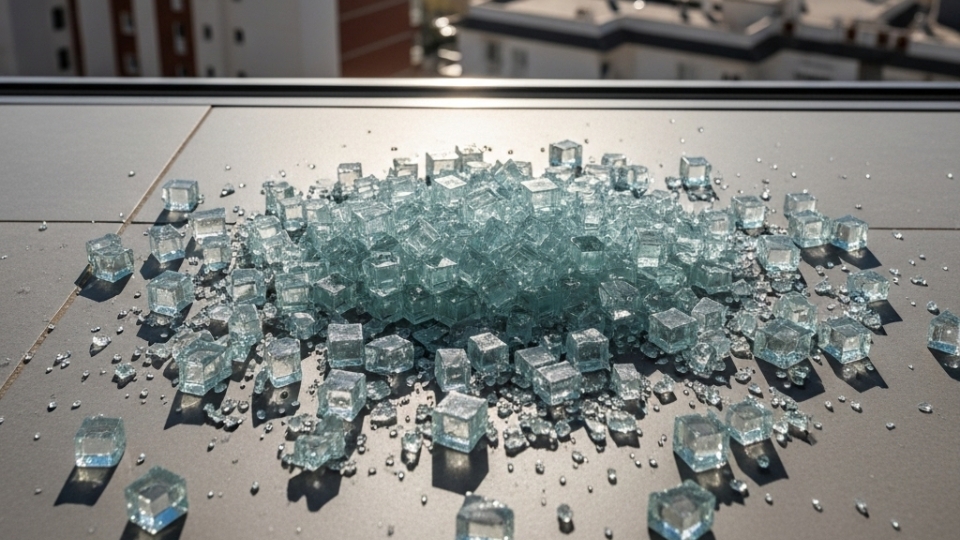 Broken toughened glass on a Gibraltar balcony, showing cube-shaped safety fragments after shattering.