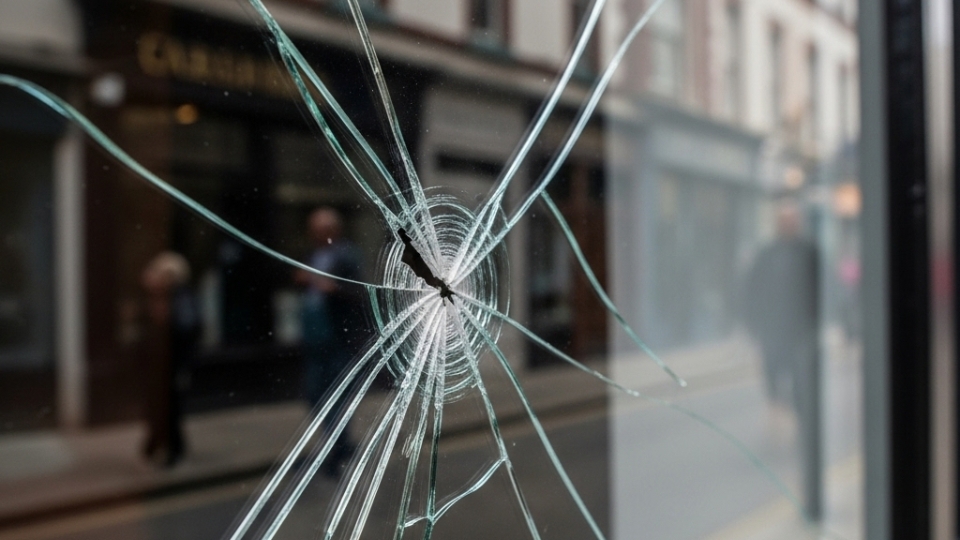 Cracked laminated glass on a Gibraltar shopfront, with visible interlayer holding the pane together.