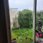 Through a partially open glass door, indicating possible windows and door repair issues, a view of a secluded courtyard with wild grass