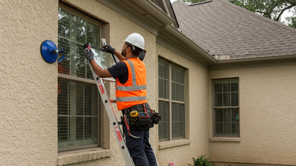A professional technician in safety gear replacing broken glass on a second-floor window of a house in gibraltar , using a ladder and protective tools.