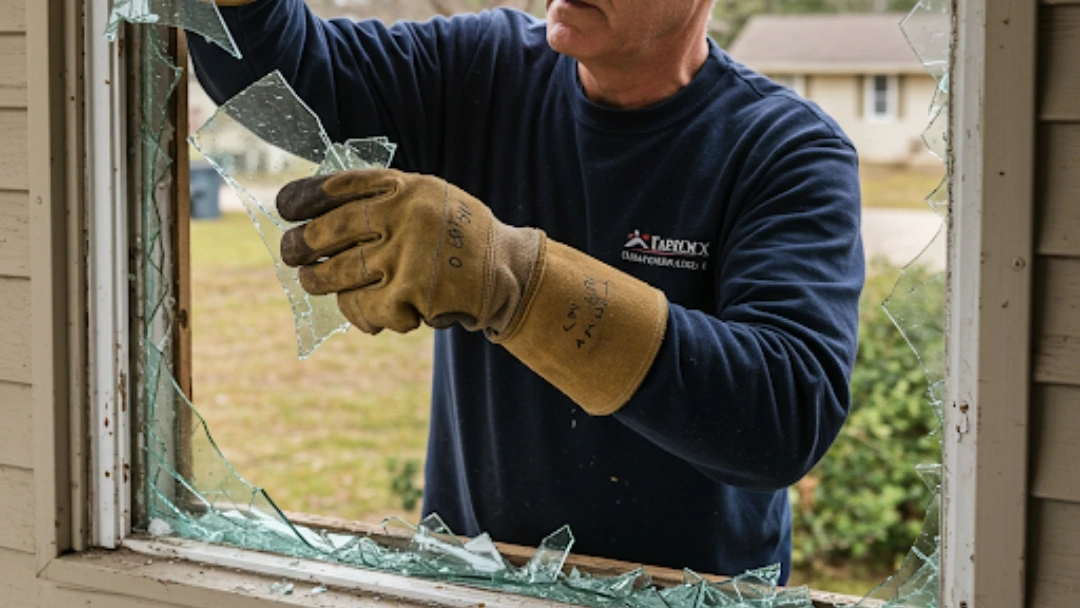 Gibraltar homeowner carefully removing broken glass from a single-pane window while wearing protective gloves and safety glasses