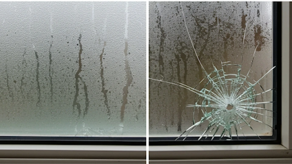 Various types of window glass damage including cracks, condensation, and seal failure