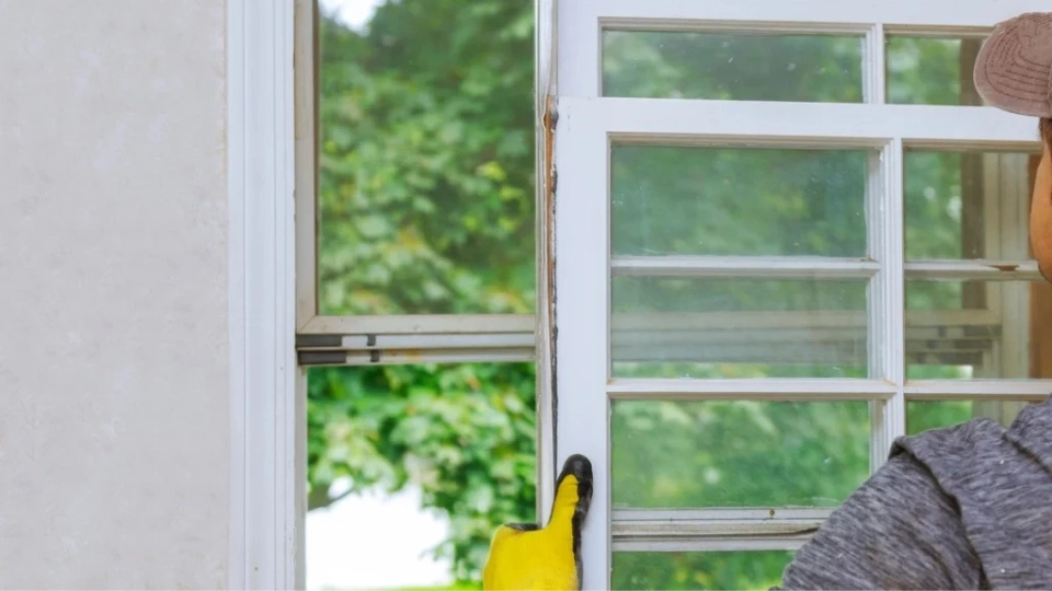 A Windows Repair Gibraltar technician performing a professional window repair on a home in Gibraltar
